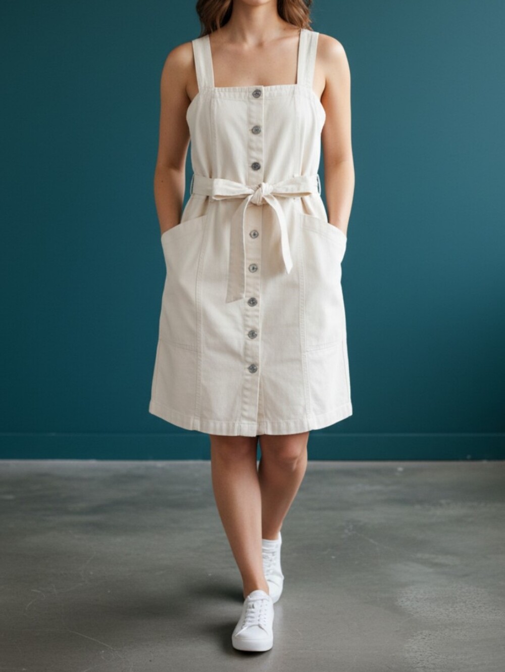 Habitual Cream Button-Front Mini Dress with Waist Tie